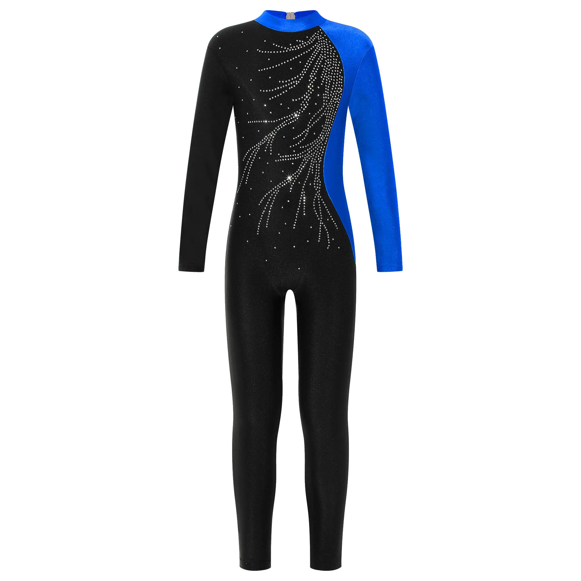 

Kids Girls Dance Costumes Long Sleeve Shiny Rhinestone Decorated Hollow Back Patchwork Style Jumpsuit for Gymnastic Competition