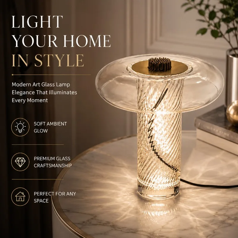 Nordic Glass Table Lamp Flower Shade Ribbed Crystal Column LED Bedside Light for Bedroom Living Room Study Room Home Table Lamp