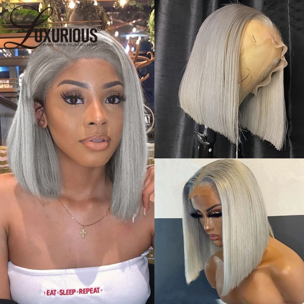 

Silver Grey Short Bob Glueless Wigs 200 Density Remy Human Hair Transparent Platinum Blonde Color 13x4 Lace Front Wig Pixie Cut