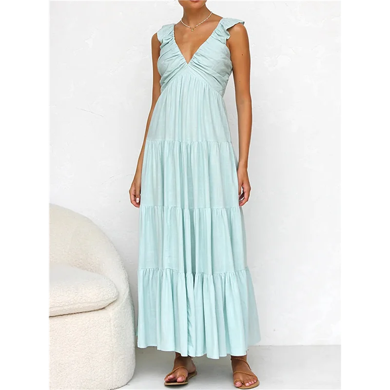 ABRT-Women's Summer Flowy Maxi Dress Casual Sleeveless V Neck Smocked Beach Sundress