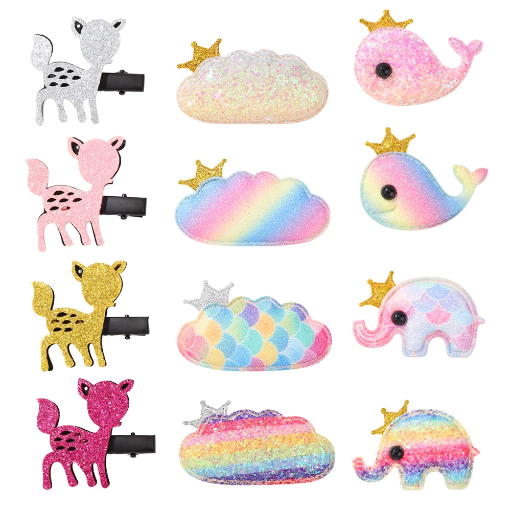 Cute Animals Hair Clips para meninas, lantejoulas, alces, elefantes, nuvens, boutique, crianças, pinos de cabelo do bebê, acessórios, 7 pcs, 6 pcs