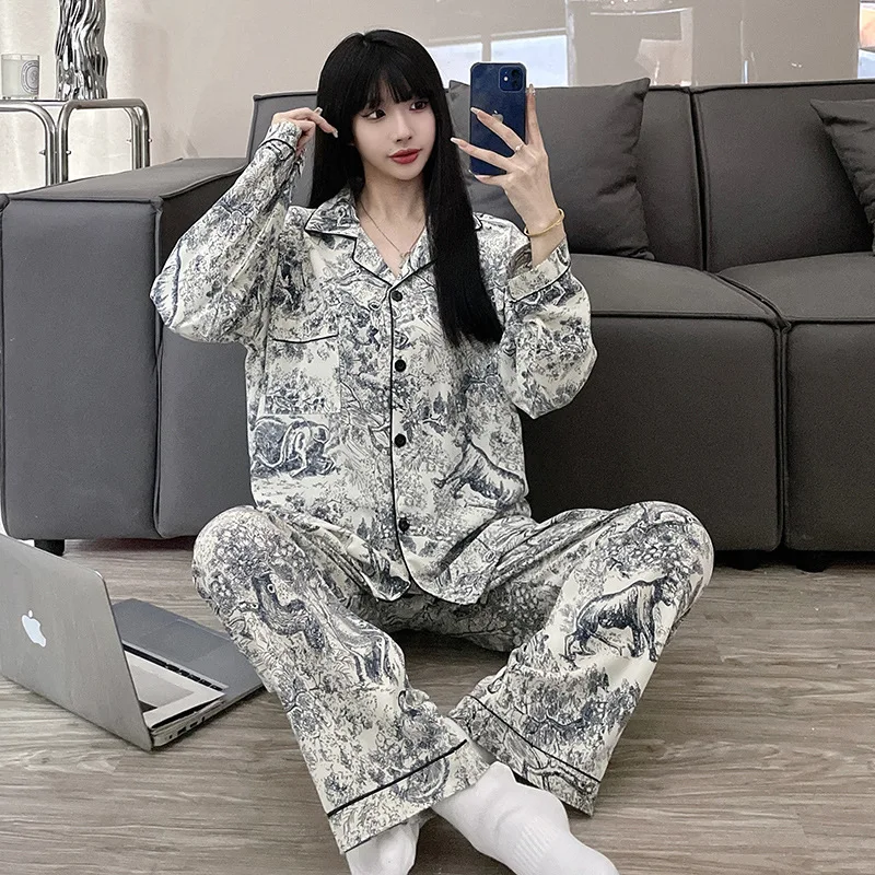 Women's Spring and Autumn Long-sleeved Ice Silk New Smooth and Soft Pajamas  Women's Foreign Trade Wholesale Thin Loungewear Set