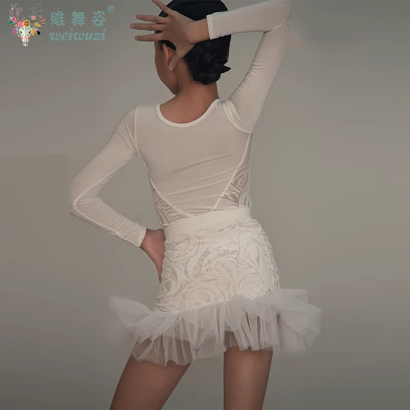 Dziecięca Sukienka do Tańca Latynoamerykańskiego Standard Narodowy Dziewczęca Sukienka Balowa z Długim Rękawem Kostium do Tańca Towarzyskiego Strój do Tańca dla Dzieci Biały