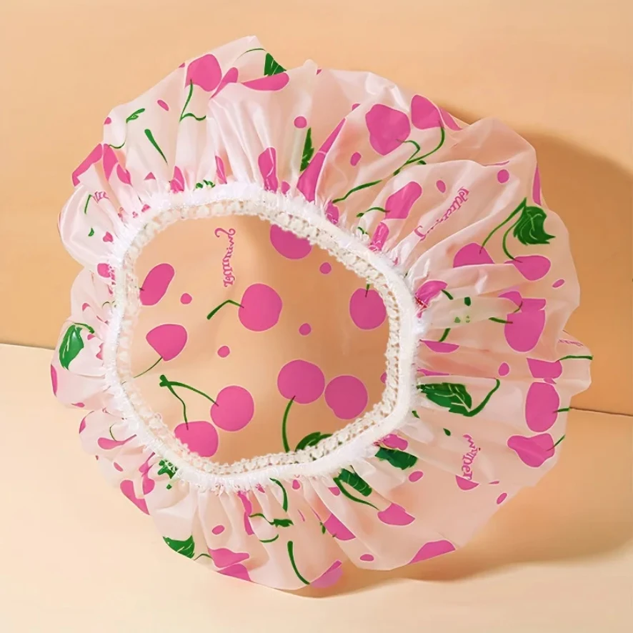

Cute Cherry / Heart Print Shower Cap Adjustable Bath Hat with Elastic Band Bathroom Supplies