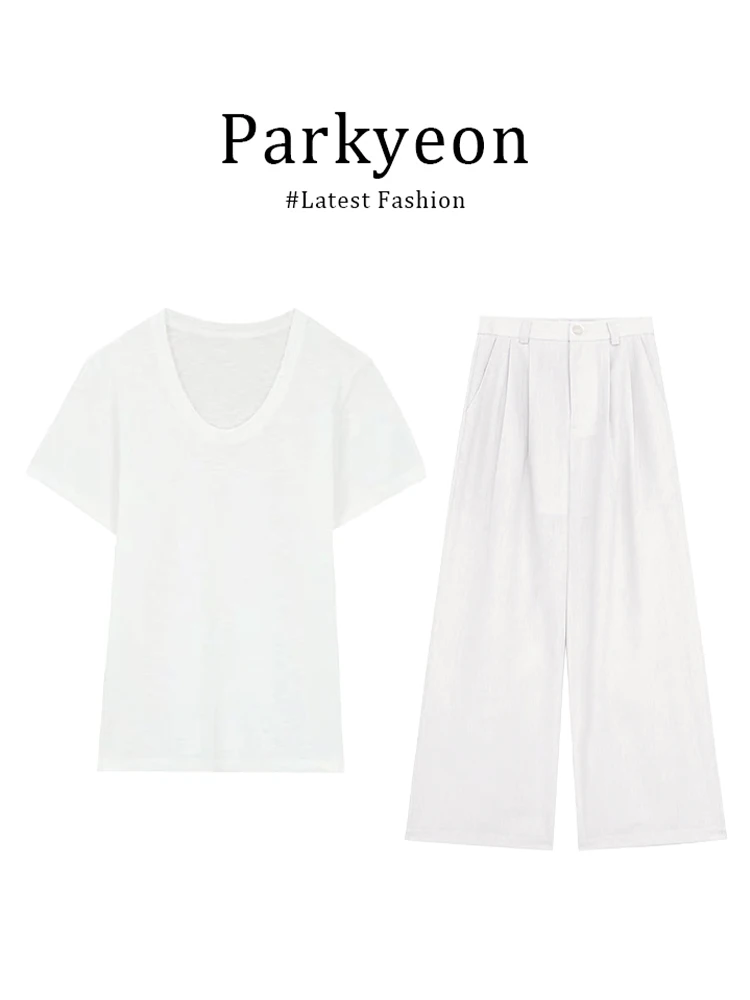 

Корейский стиль: повседневный комплект из белой футболки с коротким рукавом и широких брюк, летний тонкий модный ансамбль для женщин