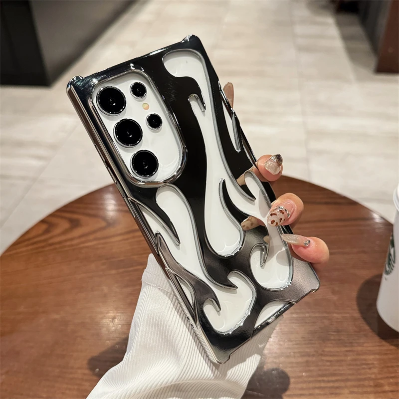 Luxury Plating Hollow 3D Flame Pattern Case For Samsung S25 S24 Plus S22 S23 Ultra A55 A54 A16 A15 A14 A06 Shockproof Soft Cover
