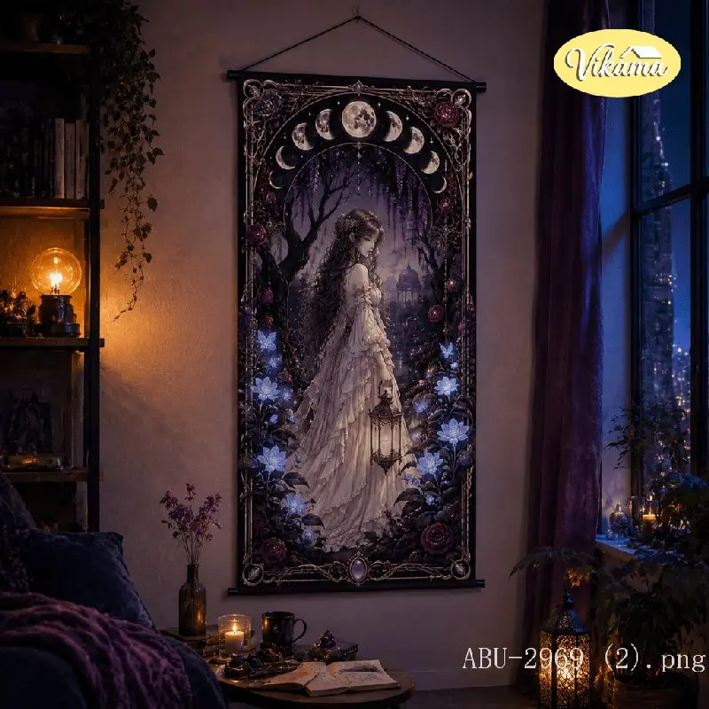 VIKAMA Lantern Woman Tapestry White Dress Moon Phase Night Building Flower Anime Art Polyester Wall Hanging Bedroom Dorm Decor