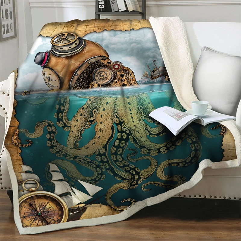 

3D Cartoon Octopus Print Plush Throw Blankets for Beds Sofa Soft Warm Bedding Thick Quilt Office Nap Cover Travel Picnic Blanket