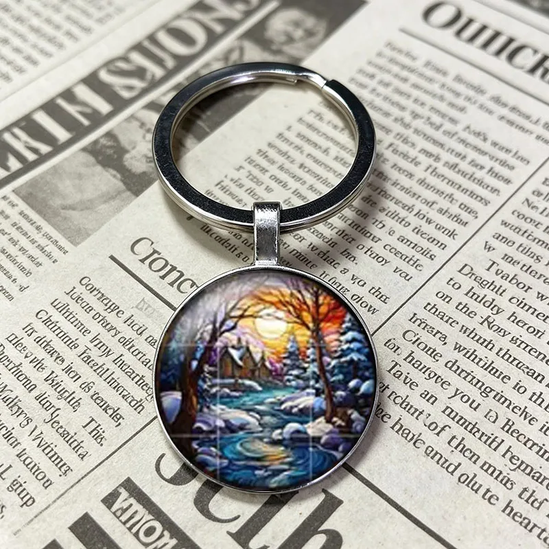 Nostalgic Design Popular Festive Christmas Tree Ornament Floral Winter Holiday Decor Key Ring Stained Glass Keychain