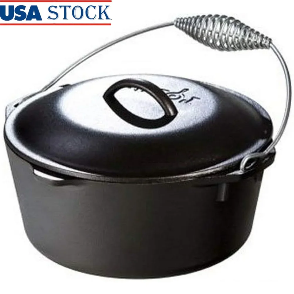 

Pre-Seasoned Cast Iron Dutch Oven with Lid Wire Bail Handle Easy Transfer Durable Cookware Oven Table Cooking Family Meals