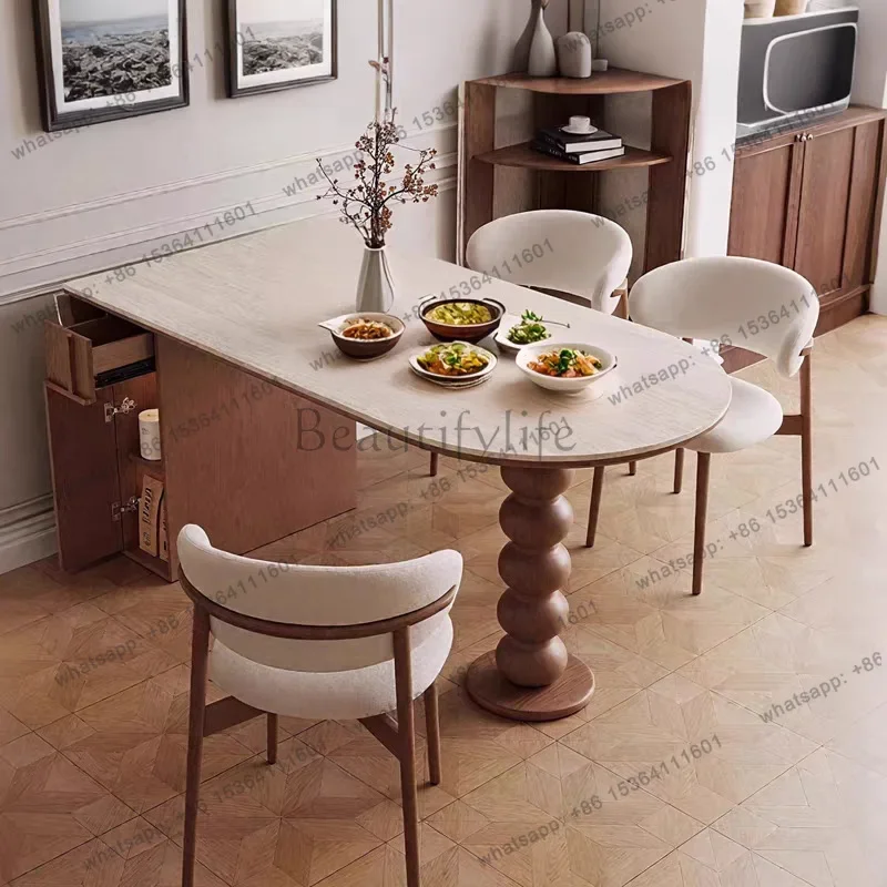 

56Travertine rock slab dining table French retro solid wood household oval small apartment dining table