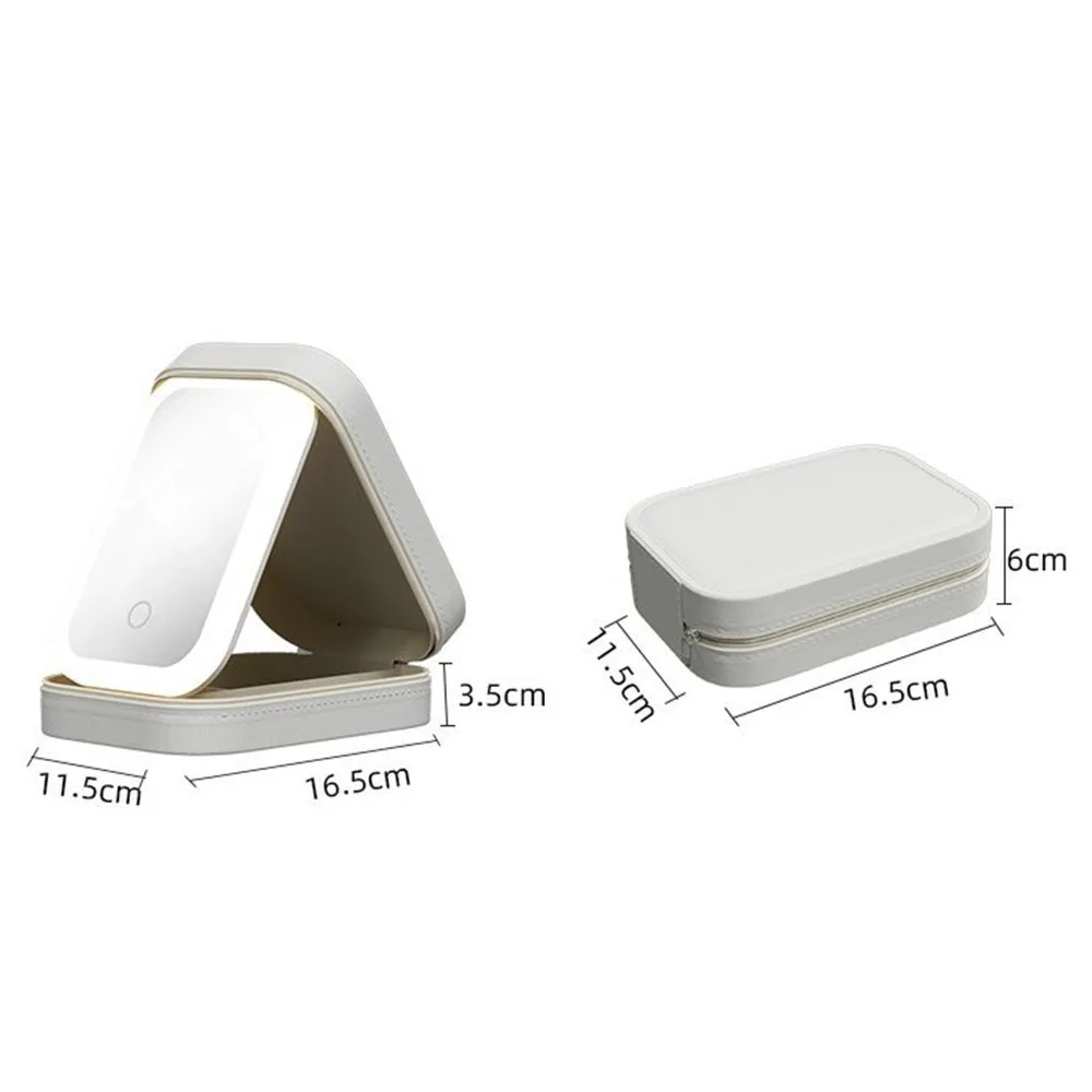 Mini espelho de maquiagem LED USB recarregável estojo de couro estojo de joias luzes LED embutidas 360 °   Estojo cosmético de rotação