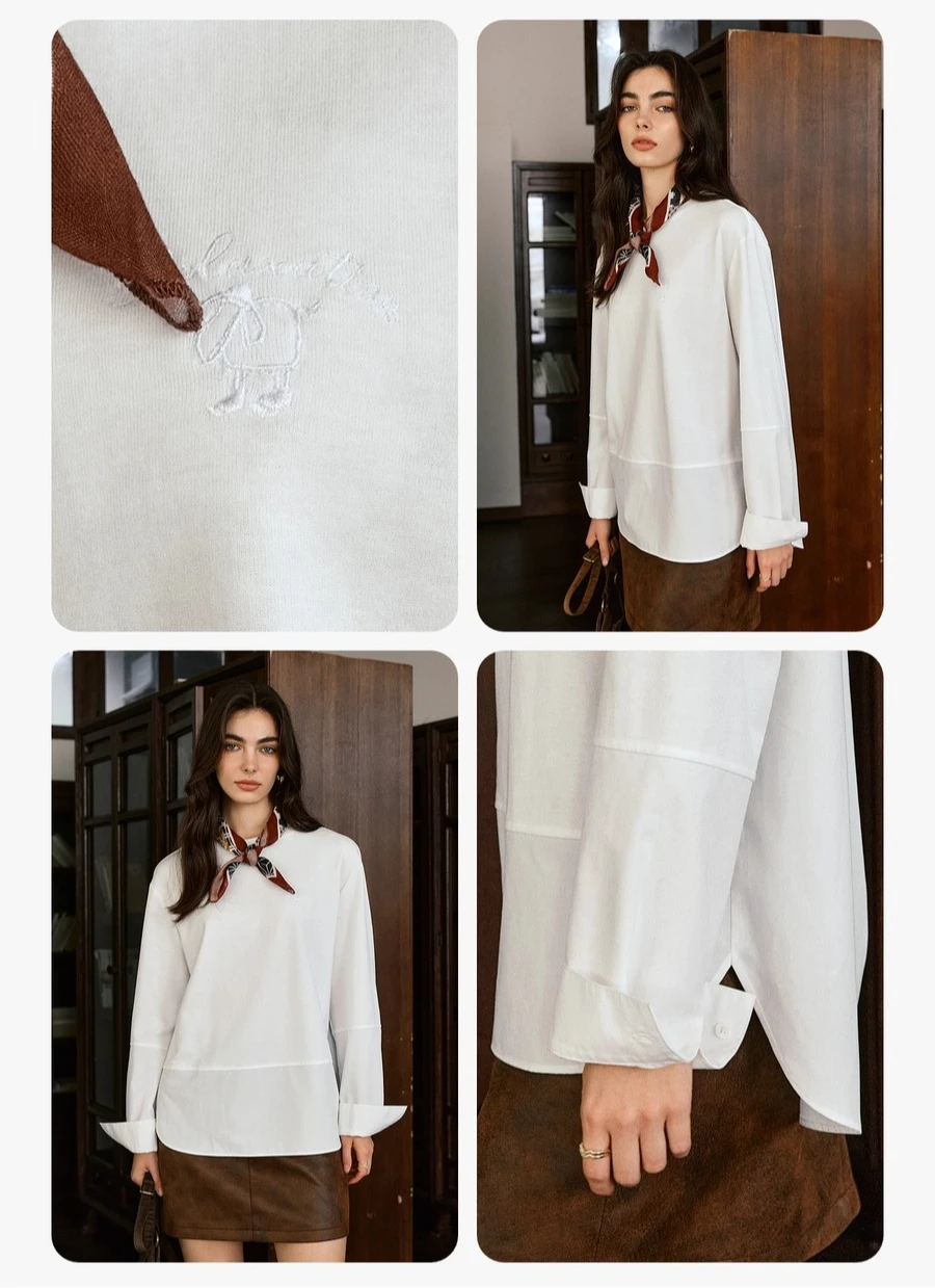 

OLrain Minimalist Ladies Blouses Women's Cotton Blend Splicing Loose Long Sleeve Tops 2025 Autumn Woman Clothing M57QC000035