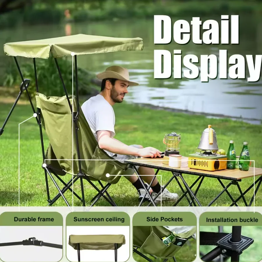Silla de Camping Portátil, Silla de Playa con Toldo, Plegable, Ligera, Extra Grande para Todos, Fácil de Abrir y Cerrar