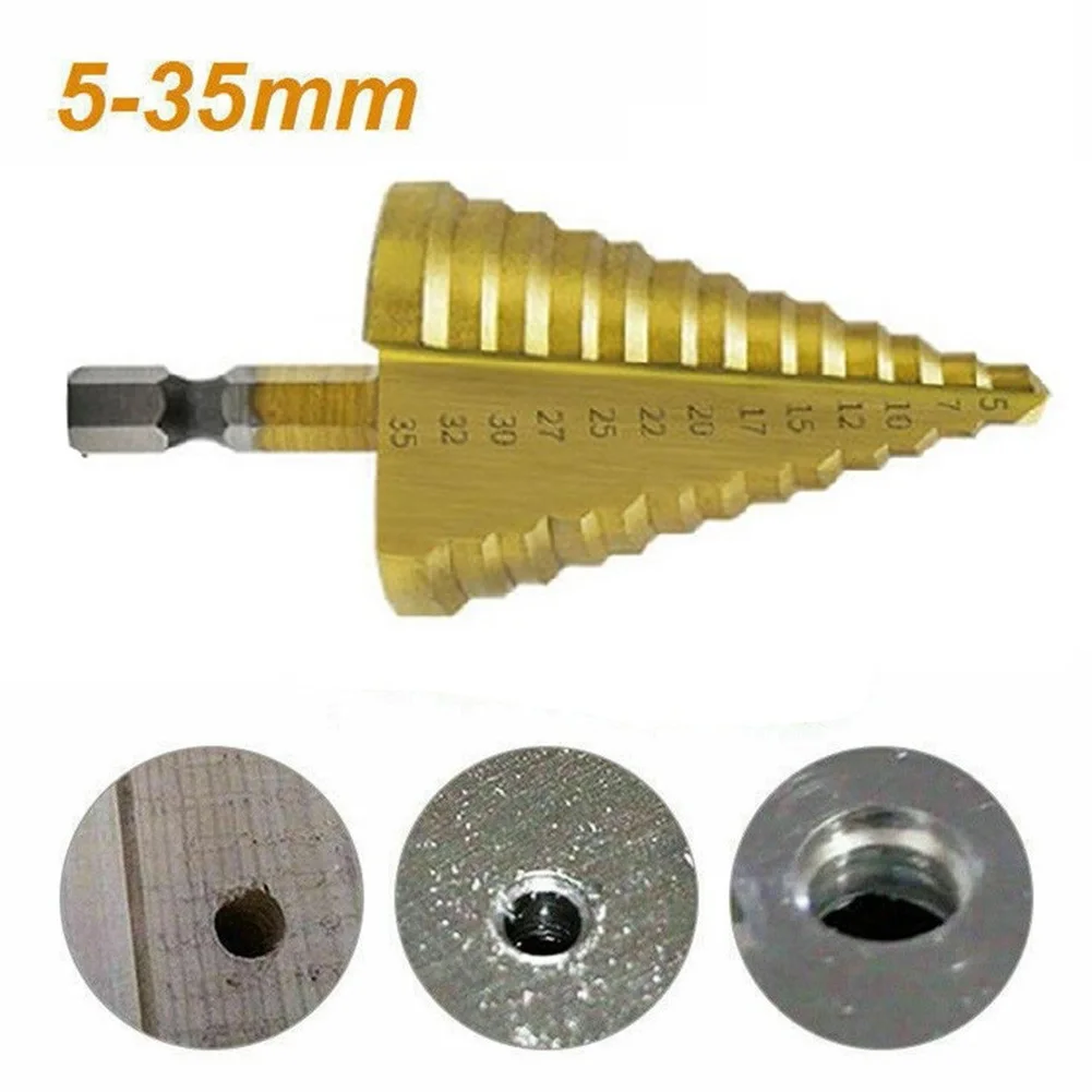 Broca escalonada de núcleo de titanio HSS de 5-35mm, ranura en espiral, cortador de agujeros de Metal y madera, brocas de núcleo de acero de alta
