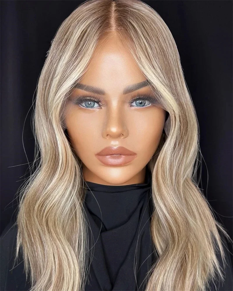 Blonde Highlight Lace Front Wig Long Wavy Ombre Brown Golden Blonde 13x4 Synthetic Lace Front Wigs for Women 22 Inches Cosplay