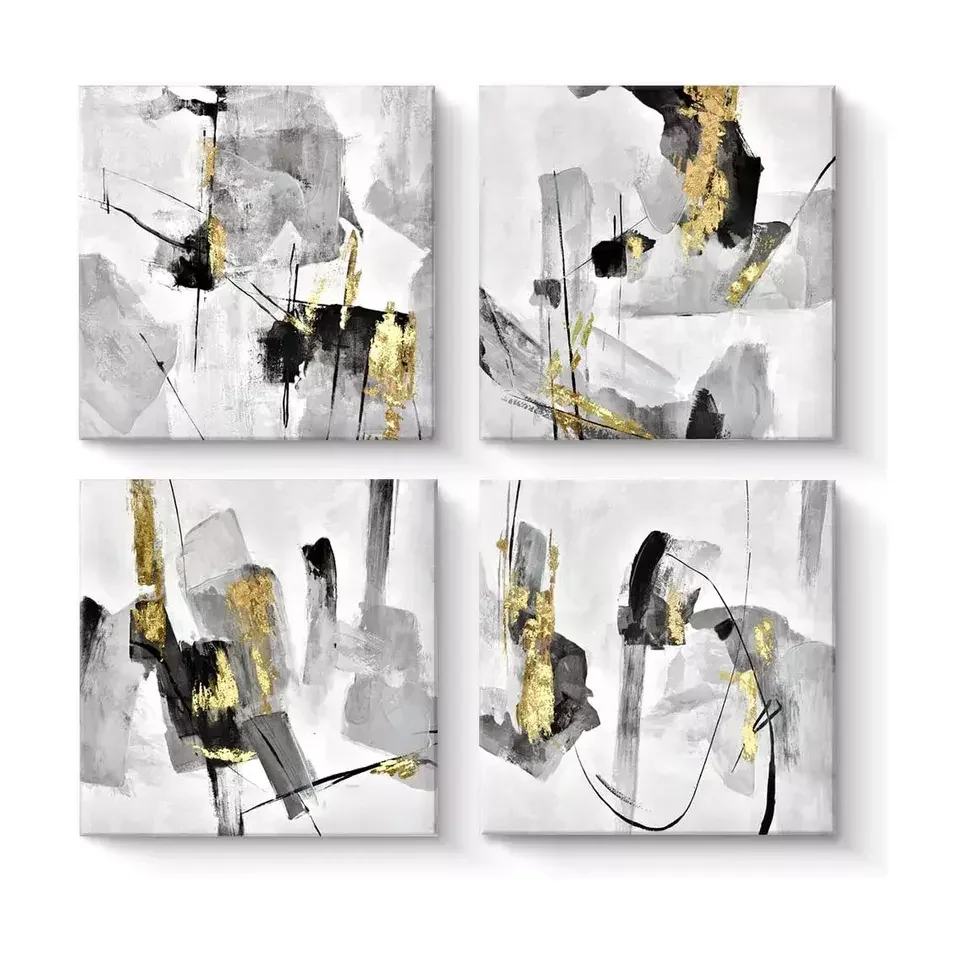 zd-Custom Made Luxury 4 Pieces Simple Modern Abstract Black Gold Foil Wall Art Living Room Decor Canvas Handmade Oil Painting@