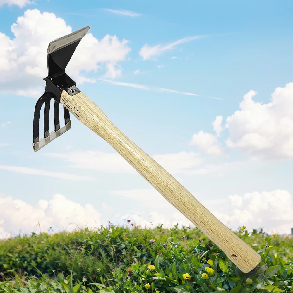 Herramienta de rastrillo de mano para jardín con mango de madera, azada de doble uso, mini azada y cultivador para excavar, deshierbe, jardinería y cultivar