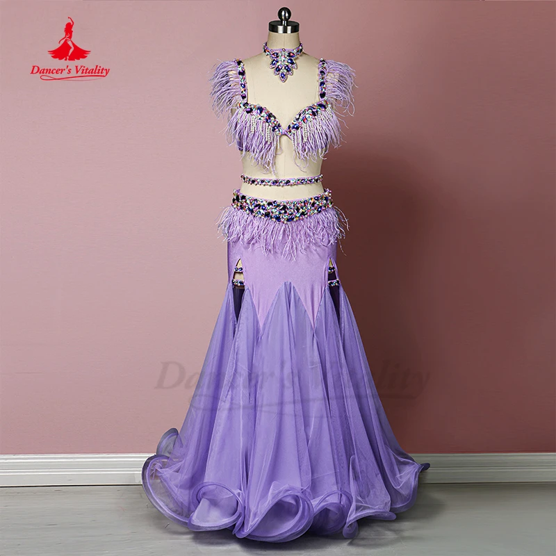 

Belly Dance Performance Clothes Senior Feather Bra+ Fairy Hip Wrap Yarn Skirt Highend Customized for Women Bellydance Outfit