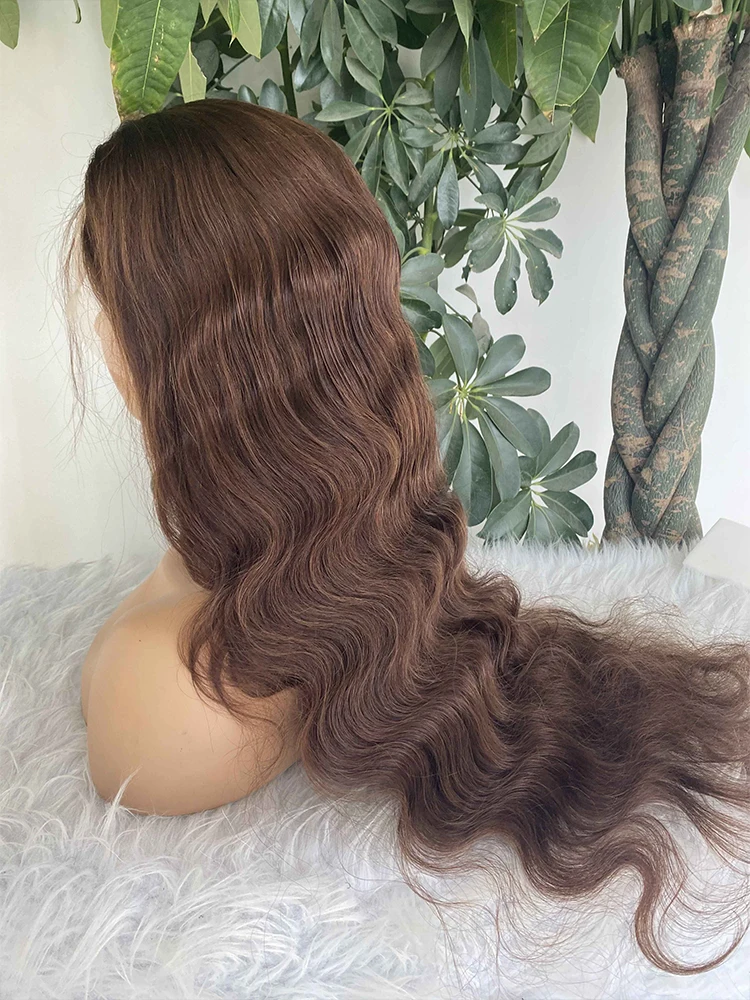 Wig rambut manusia Frontal 30 inci cokelat transparan berenda depan gelombang tubuh 13X4 coklat tua renda Wig rambut manusia untuk wanita