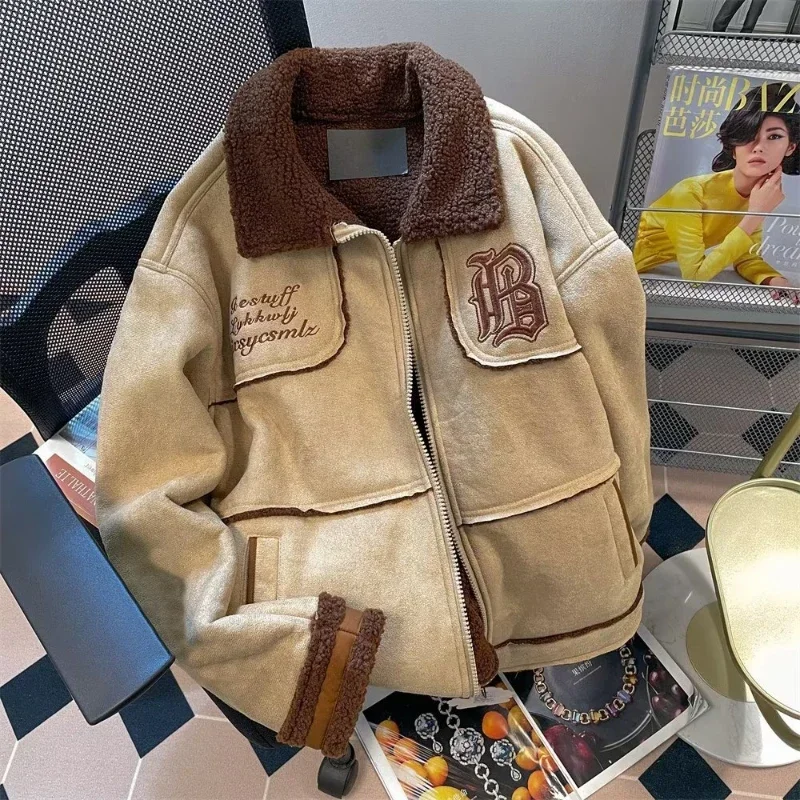 American retro suede jacket, men's and women's autumn and winter fur integrated lamb wool cotton coat, high-end couple outfit