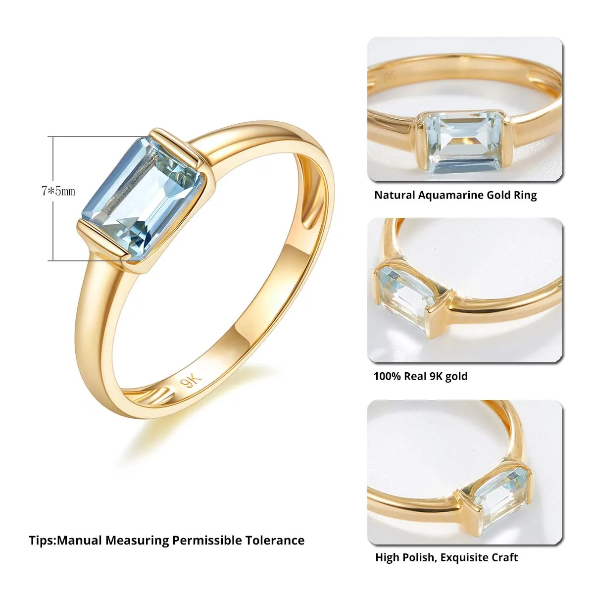 Natural Aquamarine 9K Yellow Gold Rings 1 Carat Genuine Gemstone Women Wedding Engagement Classic Top Quality Ring Fine Jewelry