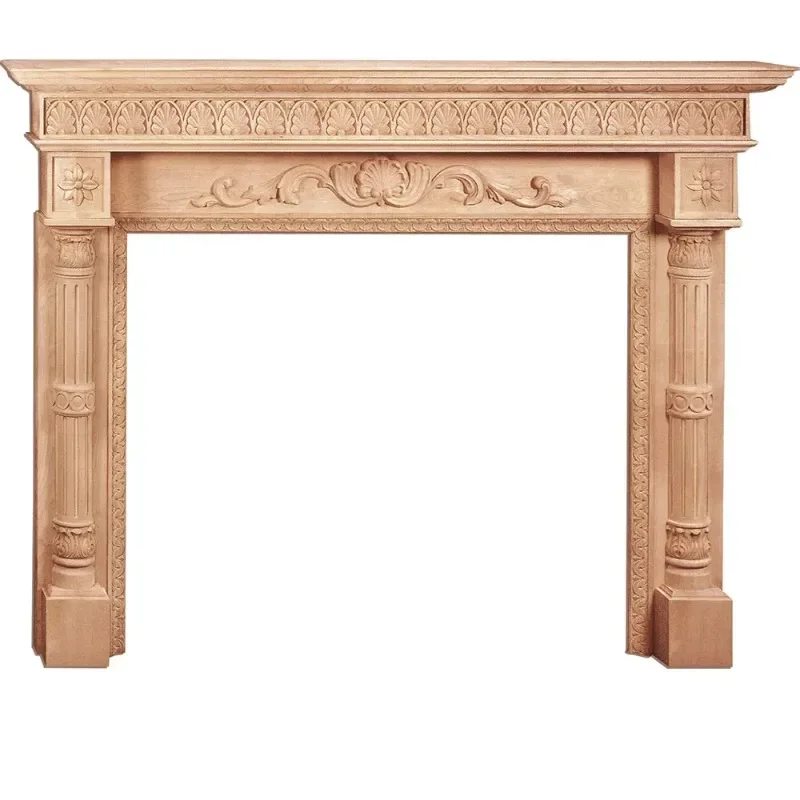 Stylish modern solid wood fireplace surround with black coloured ledges, ideal for elegant hotel or living space fireplace