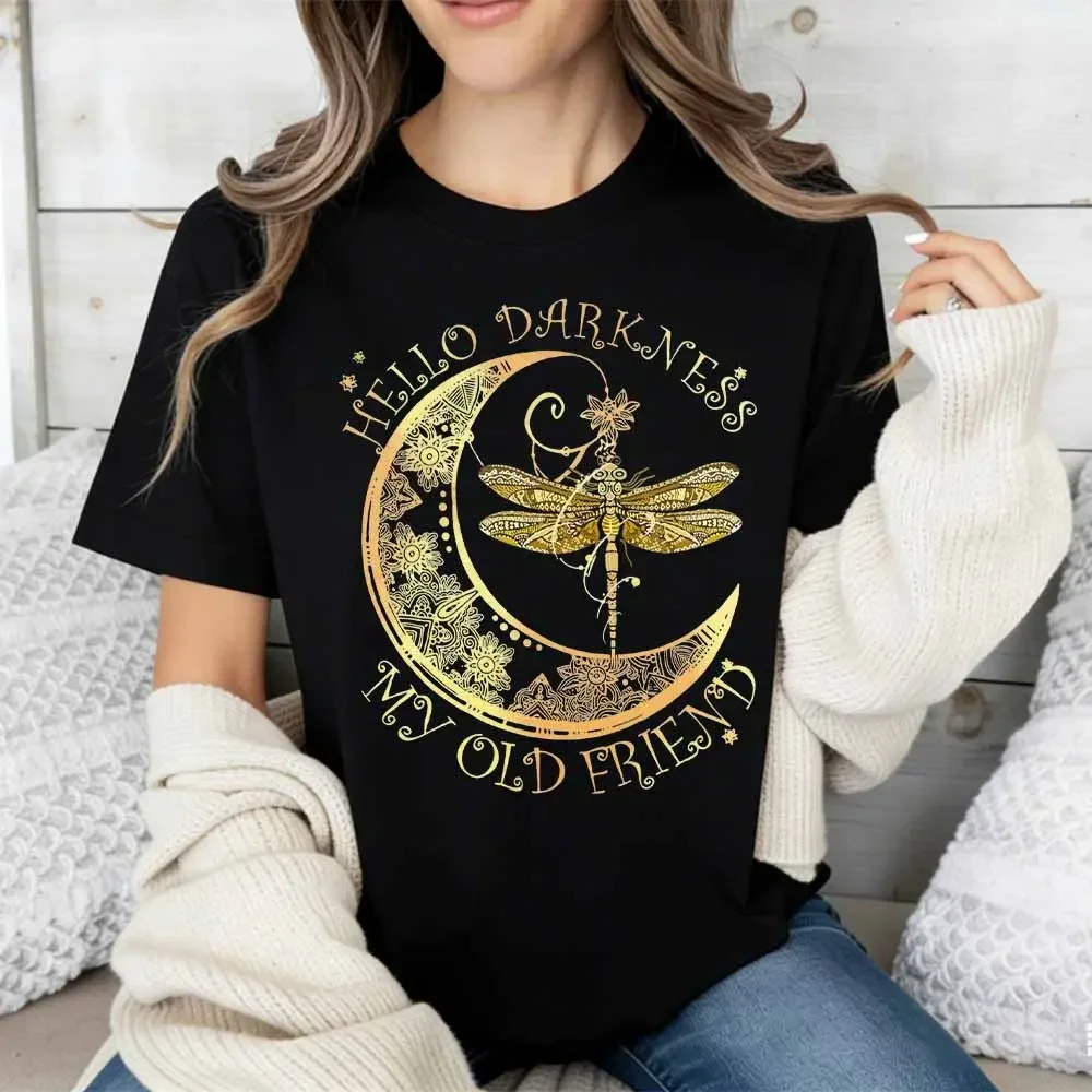 Hello Darkness My Old Friend Moon And Dragonfly Print T Shirt  Casual Short Sleeve Top For Everyday Wear And Leisure Activities
