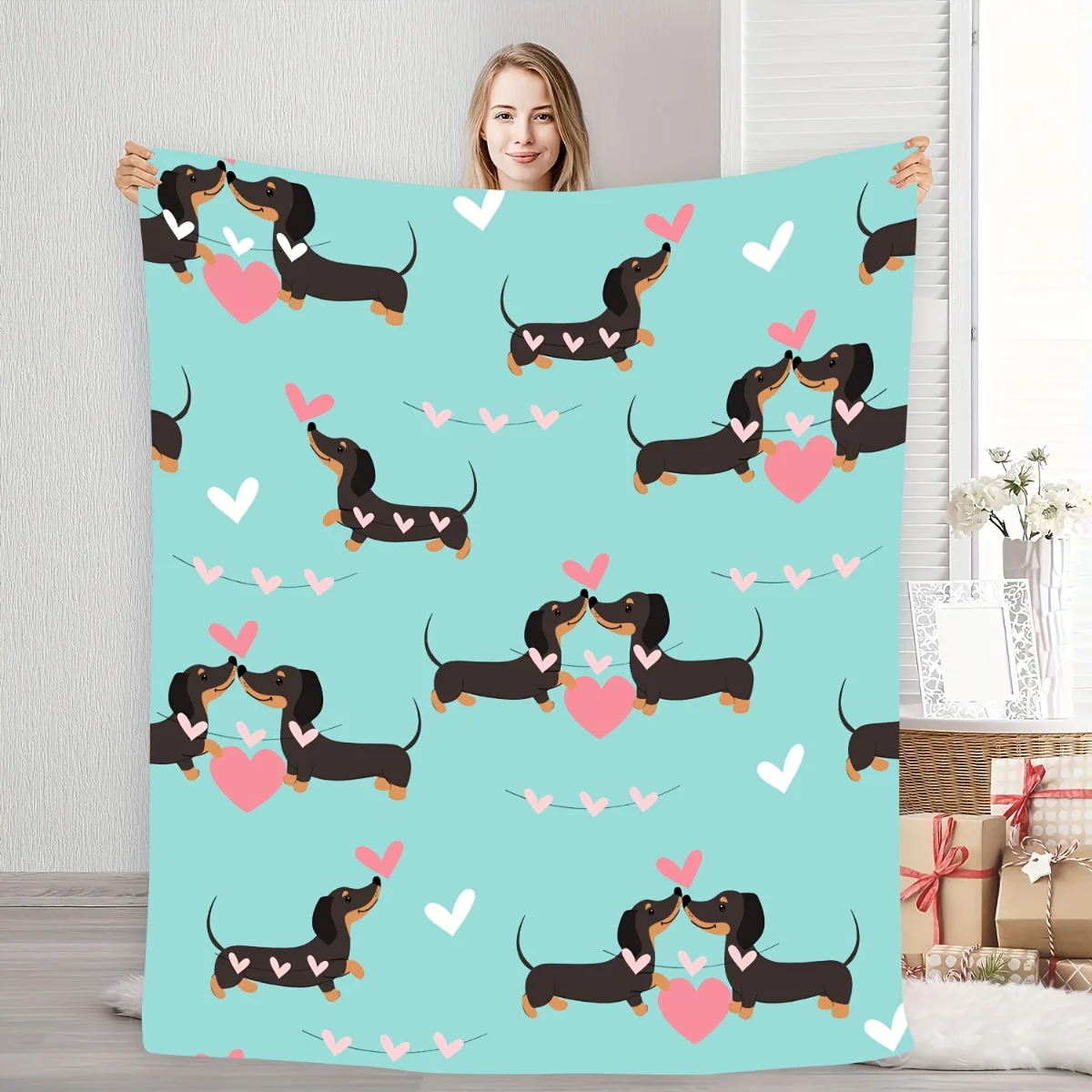 

1 Comfortable Dachshund Couple Heart Pattern Flannel Blanket - Soft and warm, suitable for camping, sofas, beds, chairs,