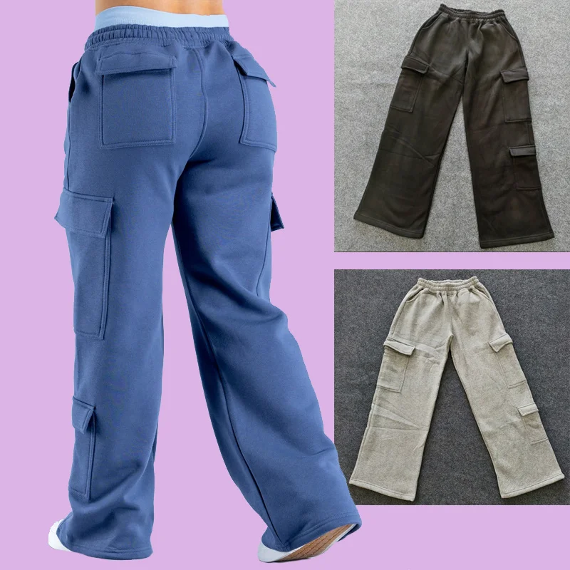 

Модные женские прямые широкие брюки с низкой талией и поясом, мужские повседневные брюки для бега с несколькими карманами, рабочие брюки в американском стиле