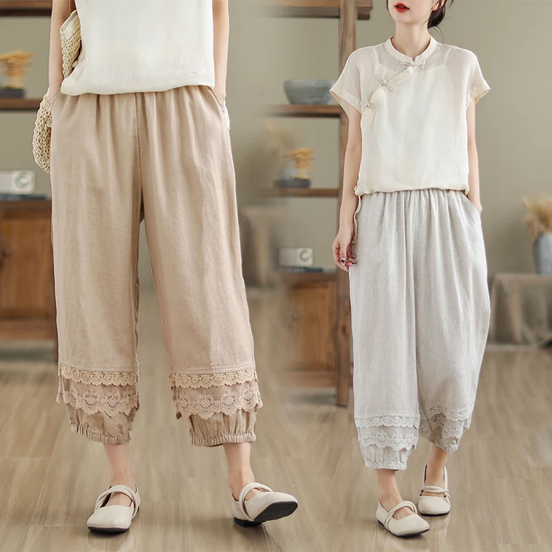 New Arrival Summer Arts Style Women Lace Patchwork Cotton Linen Ankle-length Pants Casual Loose Elastic Waist Harem Pants S149