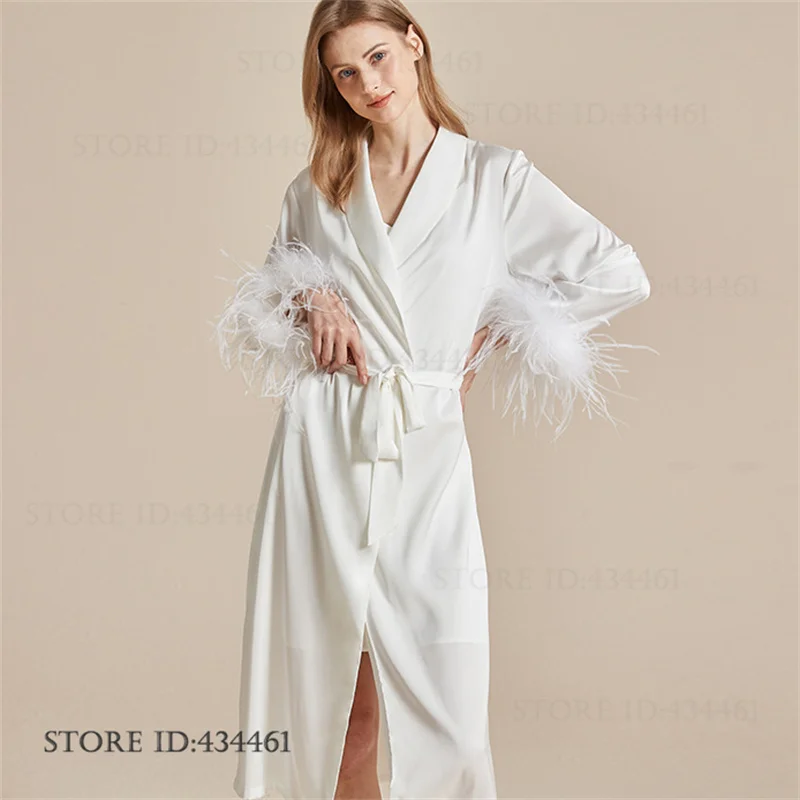 White Ice Silk Wedding Robe Sleepwear Elegant Bathrobe Kimono Gown with Feather Cuff Sexy French Style Home Dress Loungewear