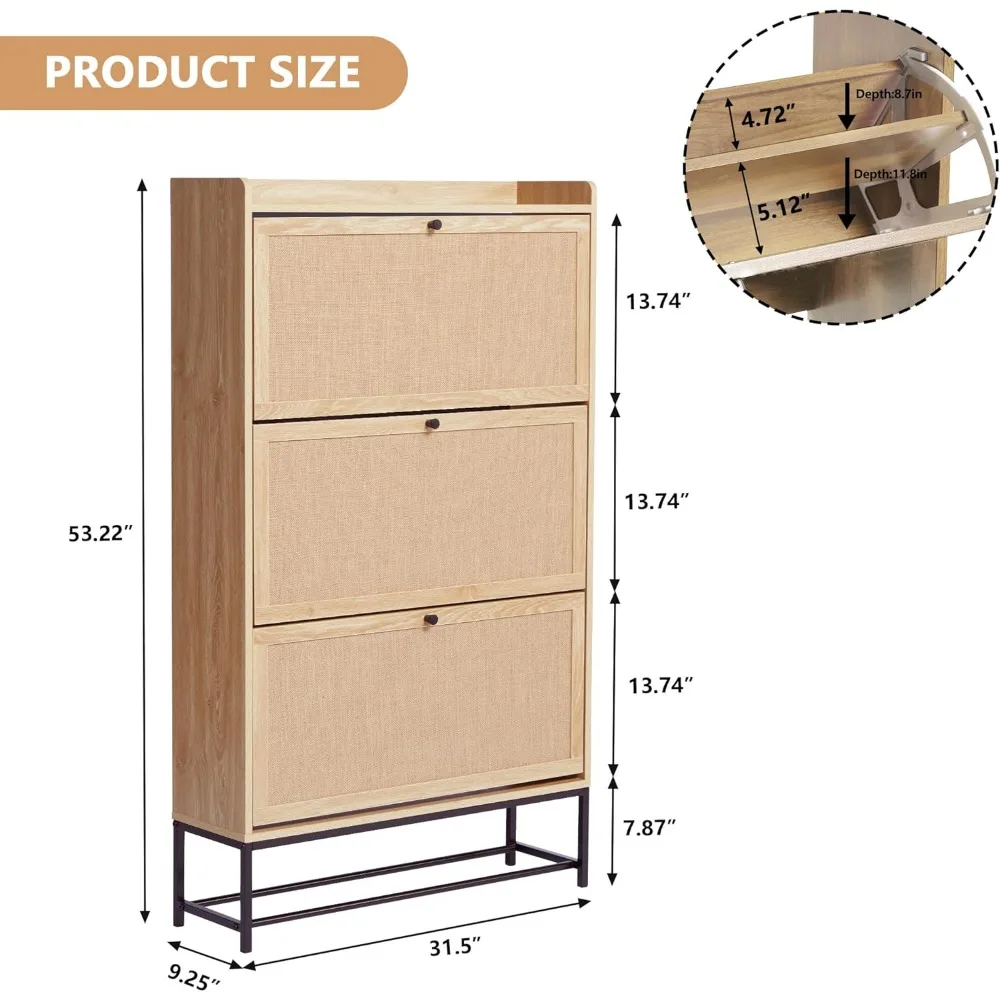 Narrow Shoe Storage Cabinet with 3 Flip Drawers, Freestanding Organizer Wooden Closed Shoe Rack, Slim Cabinet Storage