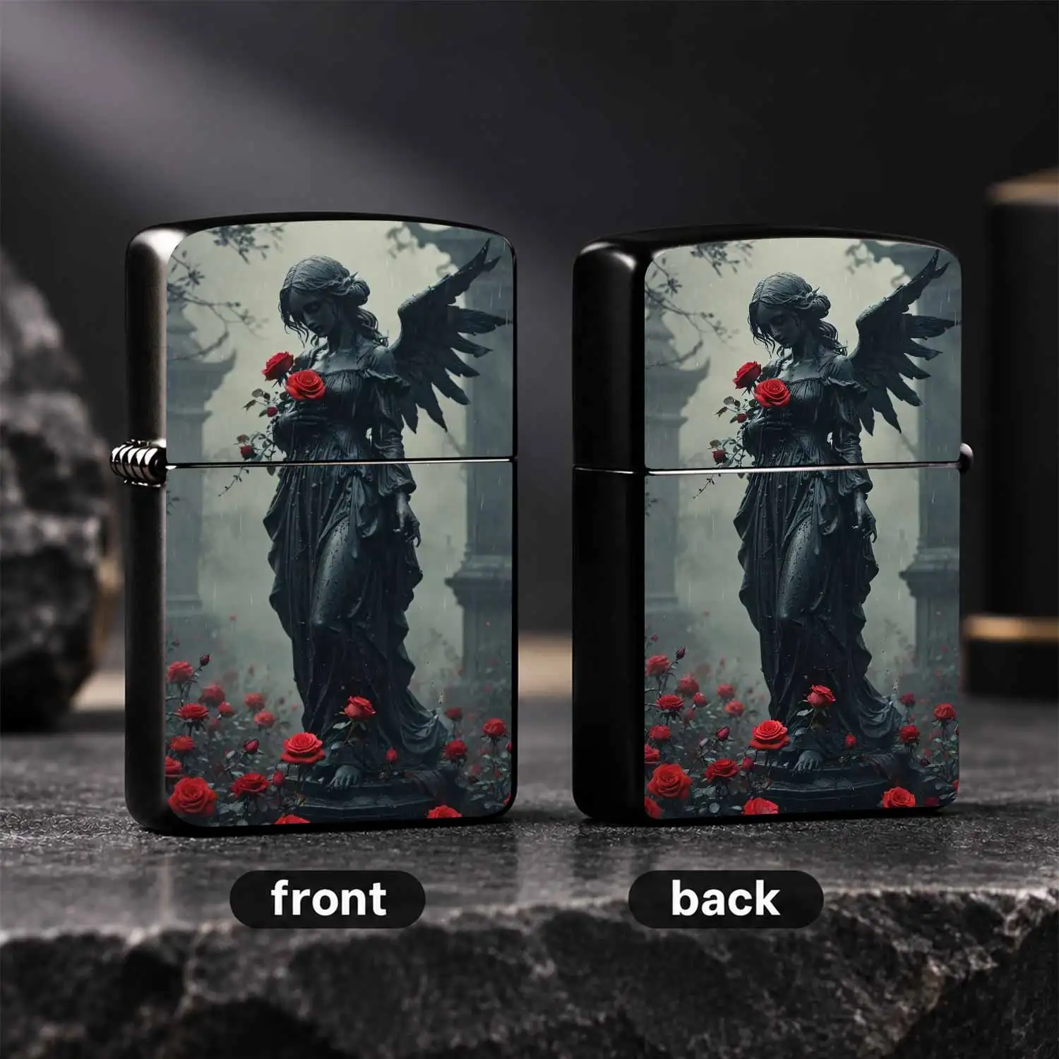 Dark Angel Statue Red Rose Themed Lighter Gothic Aesthetic Vintage Portable Igniter Unique Artistic Decor Accessory For Daily Use Gifting Collectors Ideal For All Occasions Weathered Sculpture Style Exquisite Souvenir Present A Humorous And