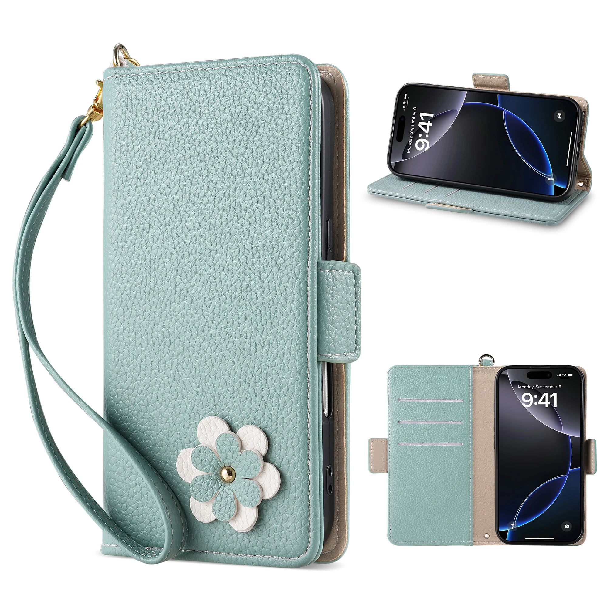 Niedliche 3D-Kaninchen-Blumen-Leder-Handy-Mappenhülle für iPhone 16 15 14 Plus 13 12 11 Pro Max XS X SE 16e Kartensteckplatz Flip-Cover – Detail 13