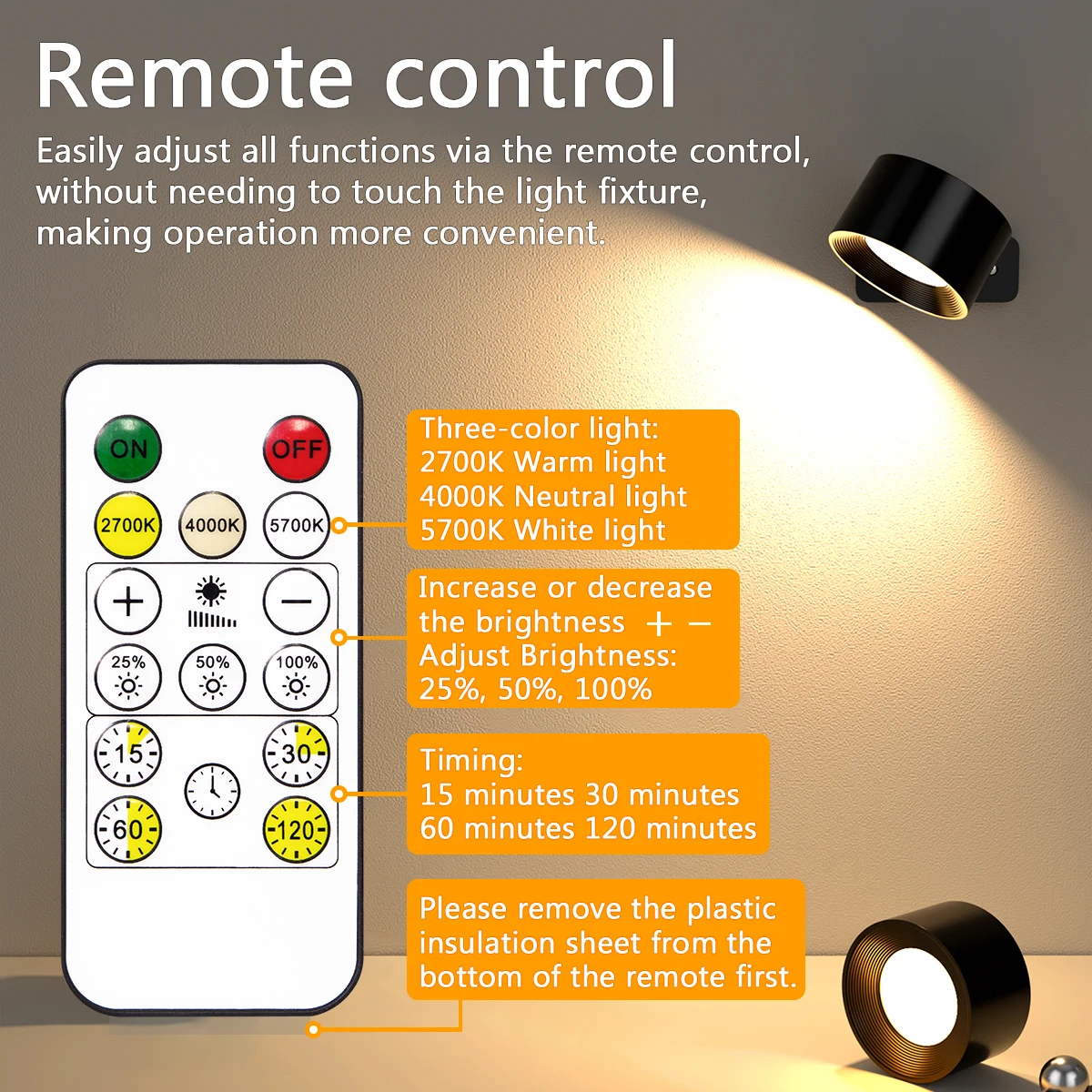 Luces de pared LED con control remoto, lámpara de lectura recargable montada en la pared 2000mAh, 3 colores y regulable magnético 360 °   podrida podrida