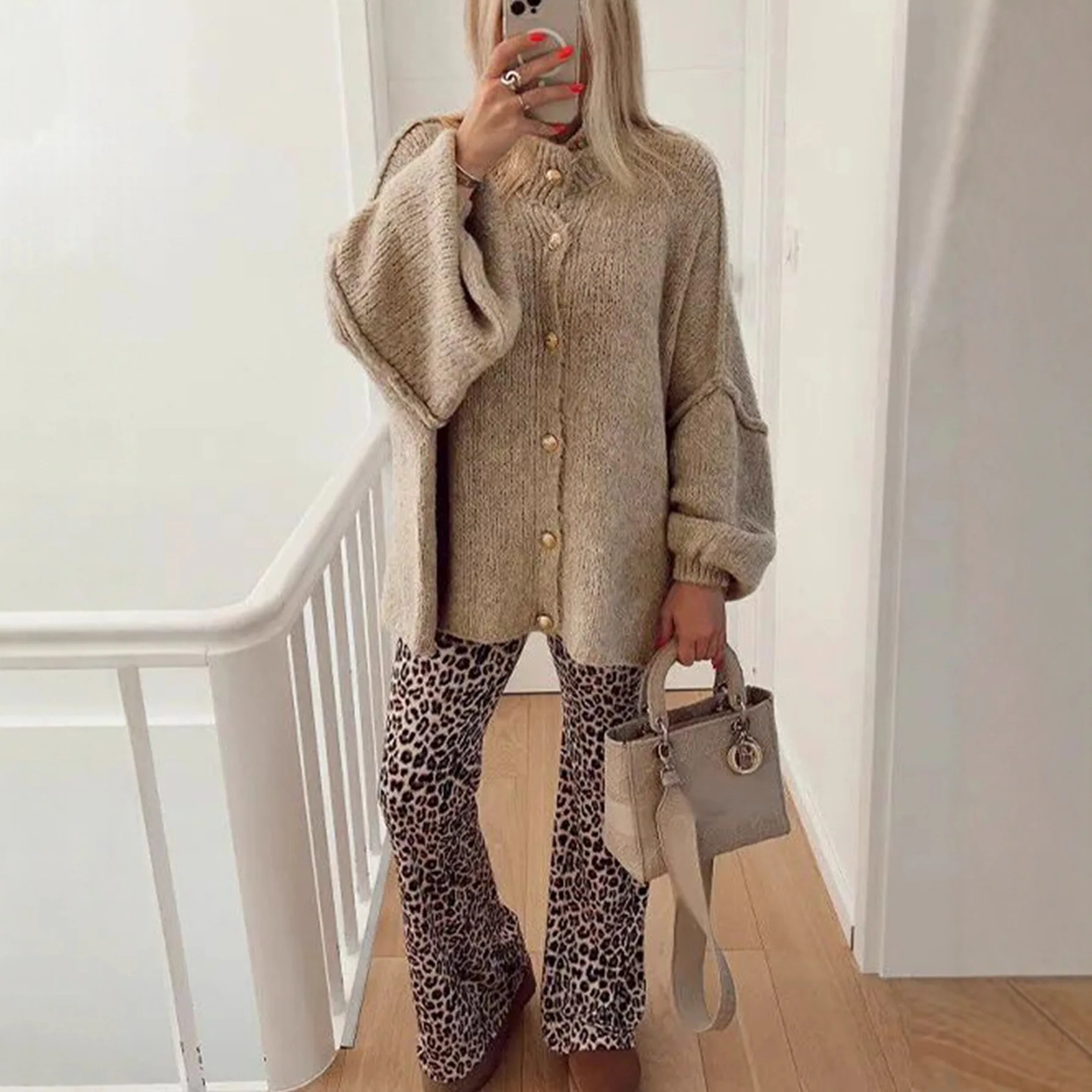 

Spring New Women Retro Casual Pure Color Batwing Sleeve Open Cardigan Sweater Elegant Style Long Sleeve Round Neck Thickened