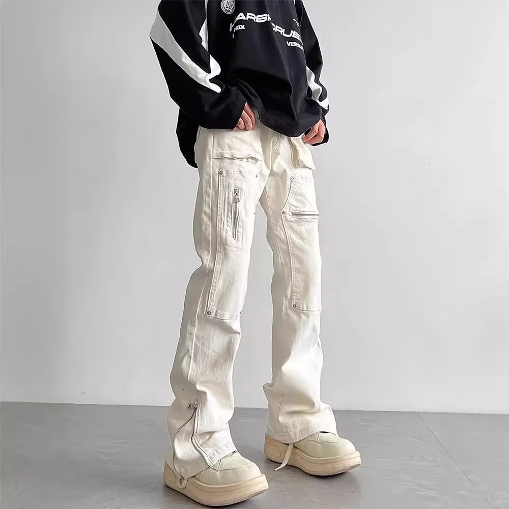 Men Black Spricot Solid Color Straight Multi Pockets Straight Cargo Jeans Pants American High Street Fashion Male Denim Trousers