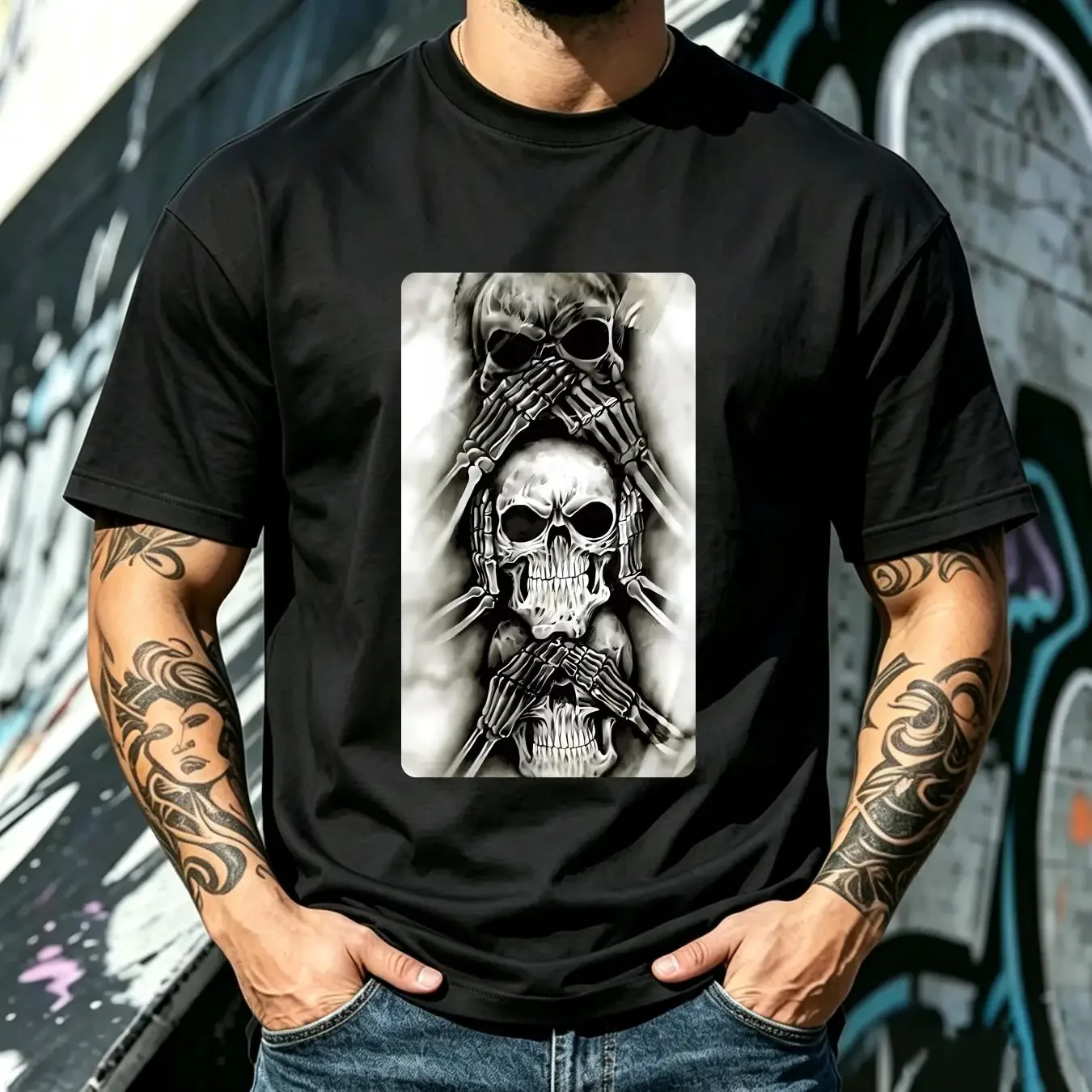 washed T Shirt Cool Skull Design See No Evil Hear Speak Size S 5XL vintage Washed Breathable homme Top For Everyday Wear