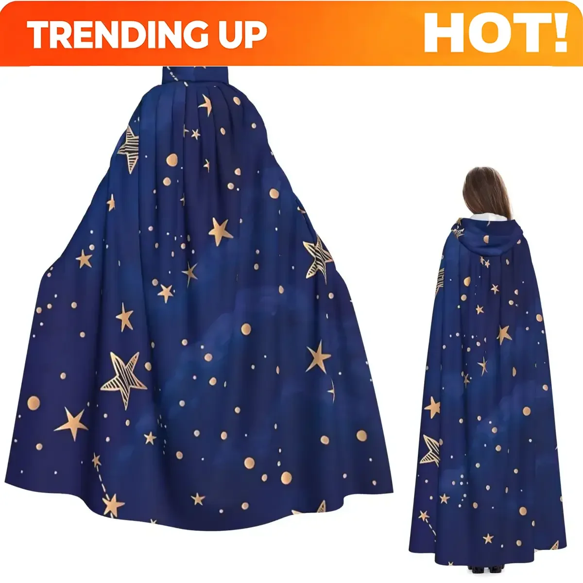 Customization Navy Blue Sky And Stars Print Long Hooded Cloak Witch Medieval Costume Cosplay Cape HalloweenCoat Adult Unisex