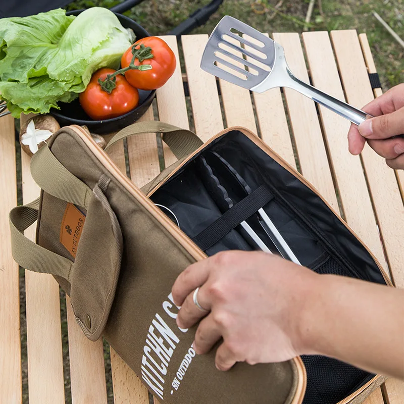 8pcs Camping Kitchen Cookware Set Portable Bag Outdoor Travel Utensils Storage Bag Stainless Steel Cooking Set for BBQ Picnic