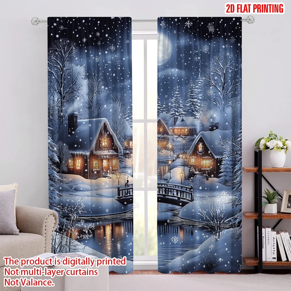 

2Pcs Winter Curtain Christmas Starry Night Full Moon Snowflake Misty Forest Natural Wonderland Window Drapes For Room Decor