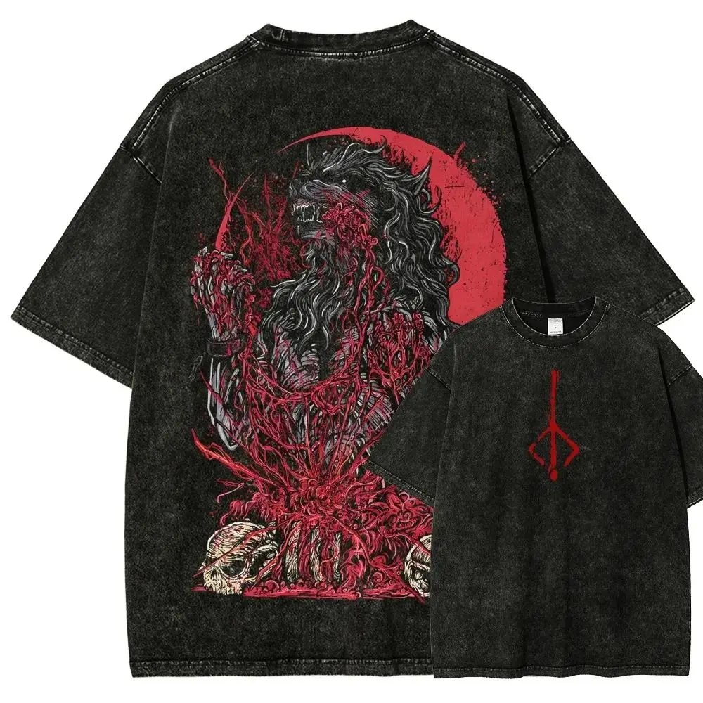 Game Blood Borne Peripherals Print T-shirt Vintage Washed New Top Fashion Action Role-playing Casual Loose Oversize Print Tee