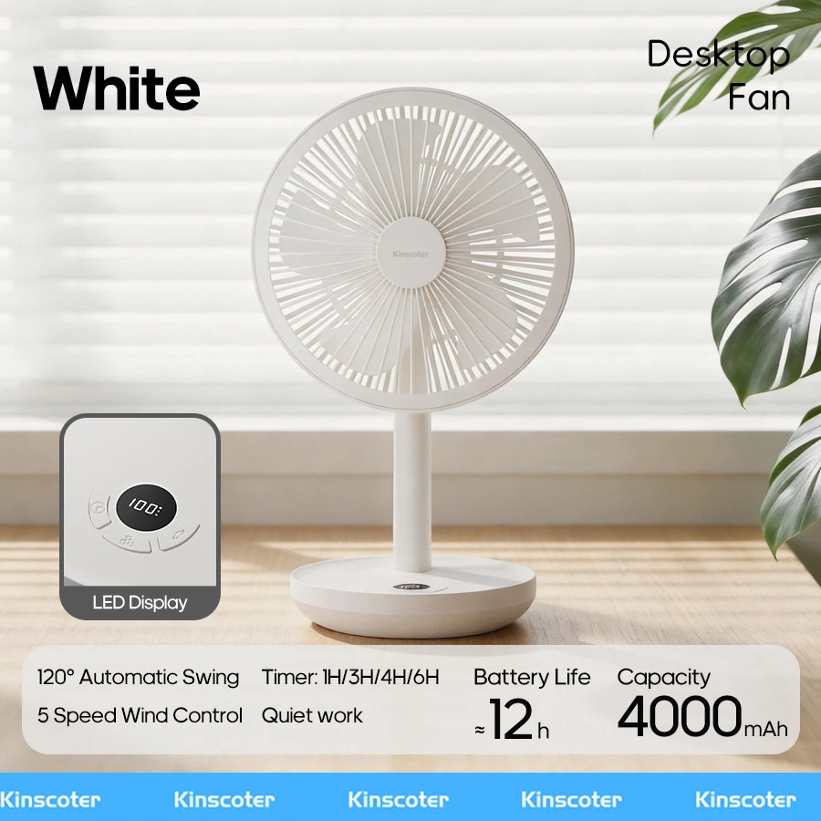 KINSCOTER Smart Oscillating Desktop Fan 4000mAh USB Rechargeable Fan Angle Adjustable 5 Gear Wind Speeds for Home Office Room image 3
