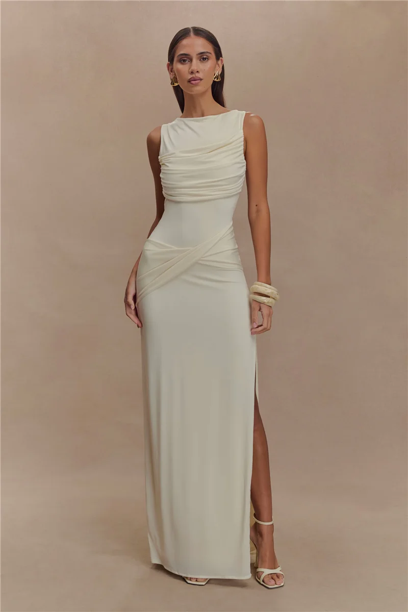 Backless Ruches Sexy Maxi Jurk Vrouwen Zomer O Hals Hoge Split Bodycon Elegante Lange Jurk Mode Jurk Mouwloze Jurken 2025