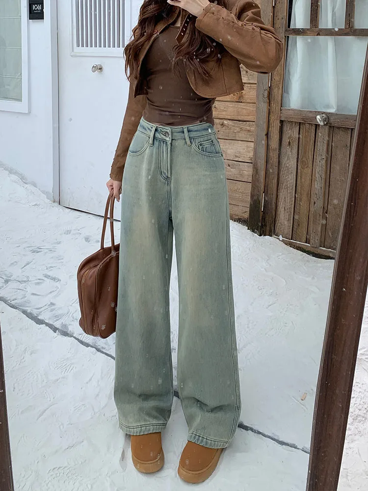 Retro americano fce forrado perna larga jeans feminino cintura alta versátil emagrecimento solto drapey calças de corte reto