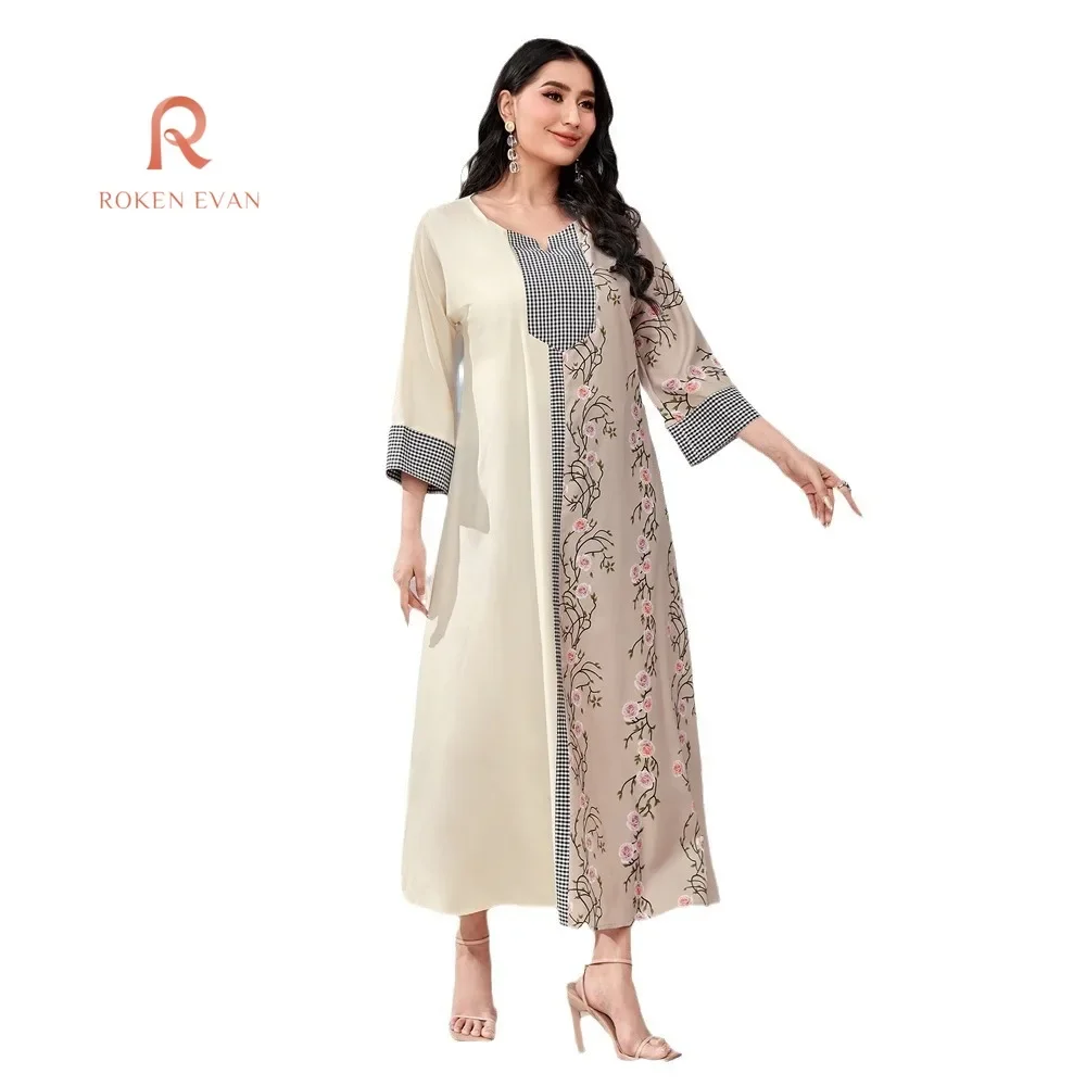 ROKEN EVAN 2024 Middle East Muslim fashion new patchwork vintage print V-neck dress robe abaya