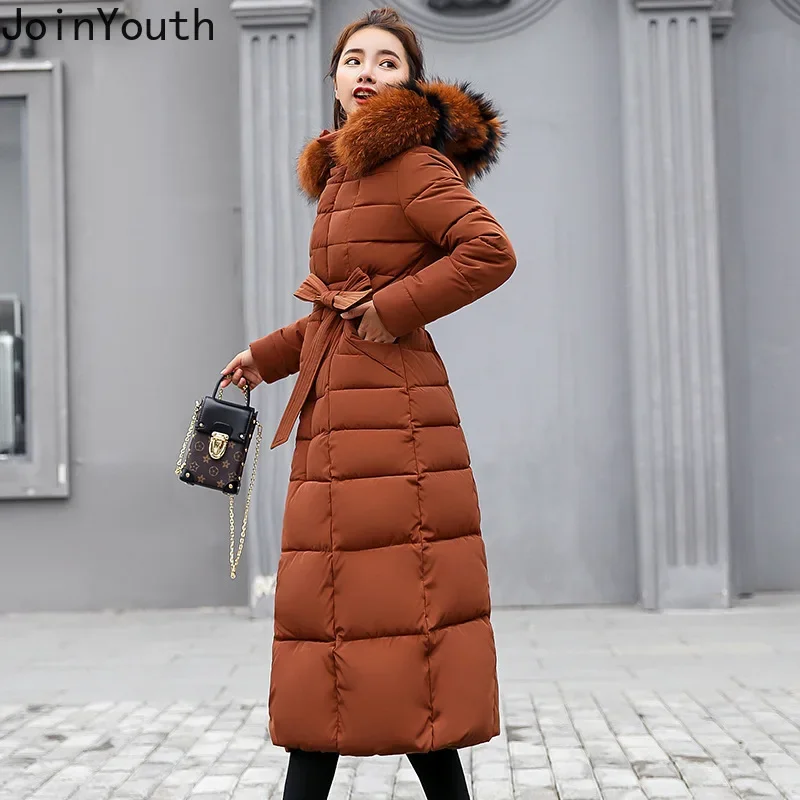 2024 Winter Kleding Vrouwen Parka Capuchon Slim Fit Rits Jassen Dikke Warme Uitloper Mode Bandage Koreaanse Lange Jassen Y2k Tops