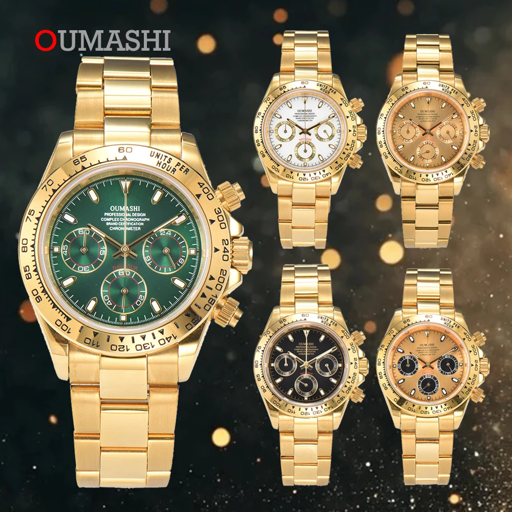 

OUMASHI 39.2mm DTN VK63 Movement Panda Three Eye Quartz Watch Sapphire Glass Stainless Steel Case Timing Code Men's Watch