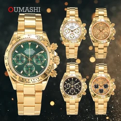 OUMASHI 39.2mm DTN VK63 Movement Panda Three Eye Quartz Watch Sapphire Glass Stainless Steel Case Timing Code Men's Watch